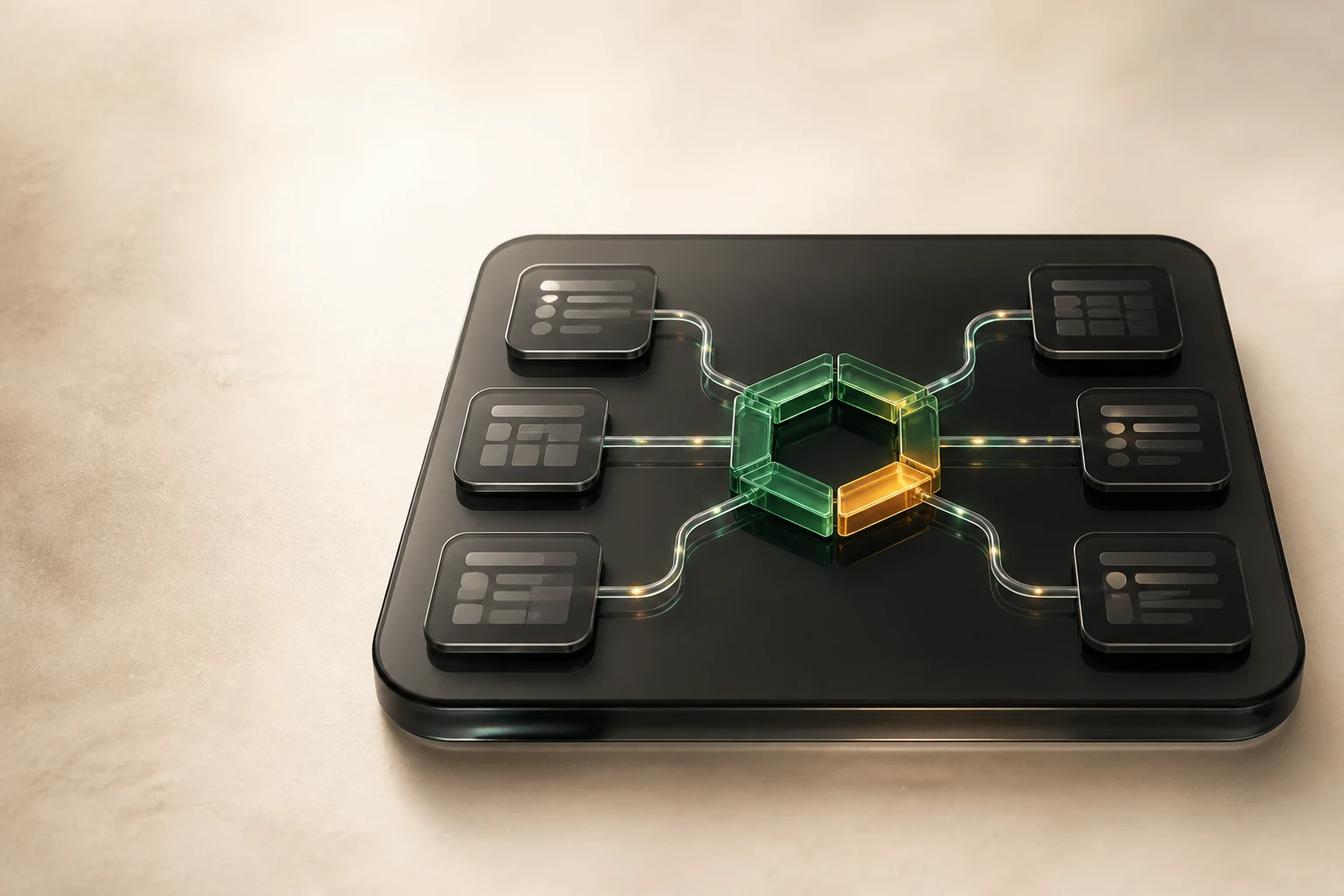 Abstract AdvisorPPC hexagon connecting AI assistant tiles to advertising account tiles. No people or third-party marks.
